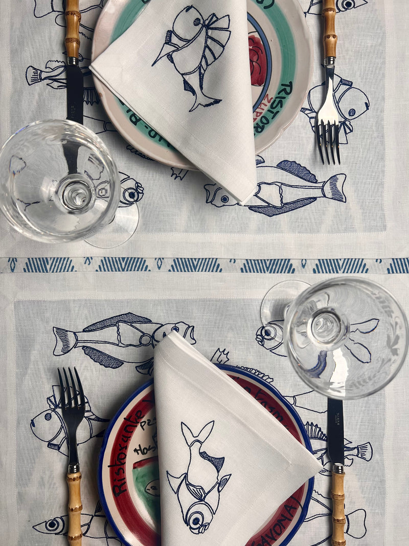 Fish Embroidery Napkin & Placemat (White & Navy)