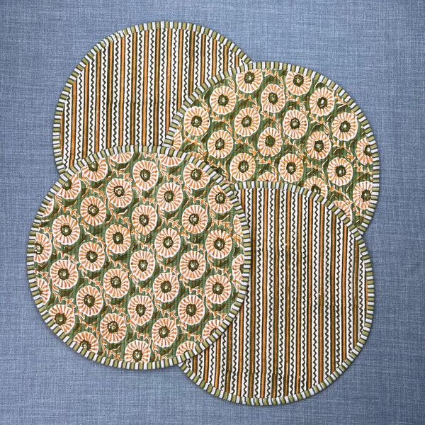 Gift Set: 4 round Breakfast placemats in mustards & greens