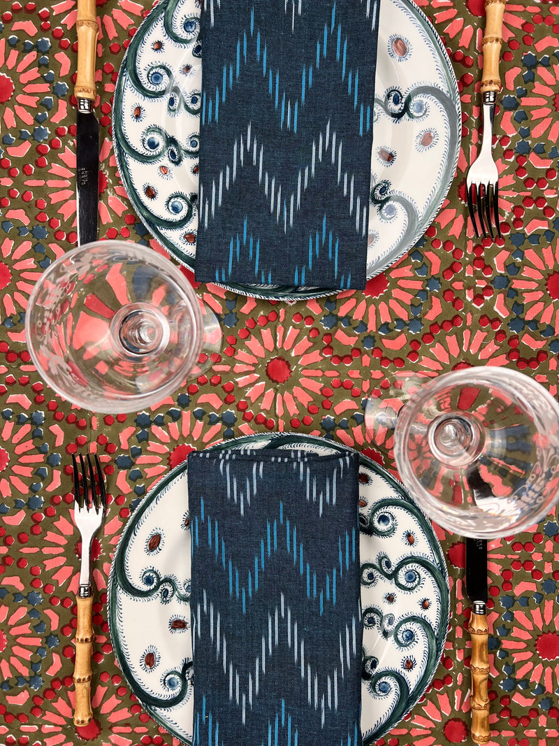 ‘The Kaleidoscope’ Tablecloth - Moss, Red, Pink, Blue