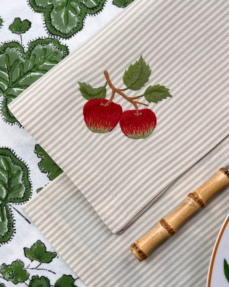 ’The Two Red Apples’ Napkin & Placemat - Taupe & Ecru Stripe