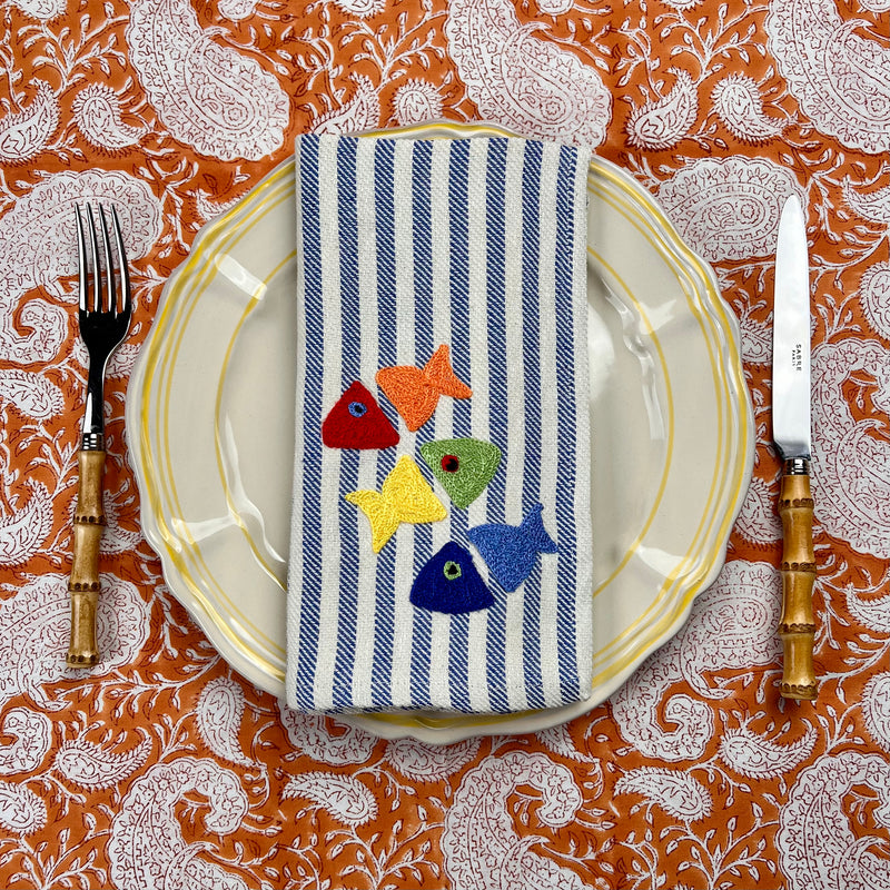 Gift Set: Four Fish Embroidery Napkins (blue stripe)