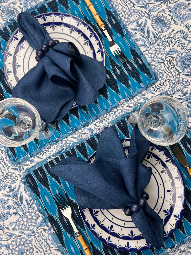 Gift Set: 2 Blue Ikat Placemats, 2 navy scalloped linen napkins, 2 wood orb napkinrings