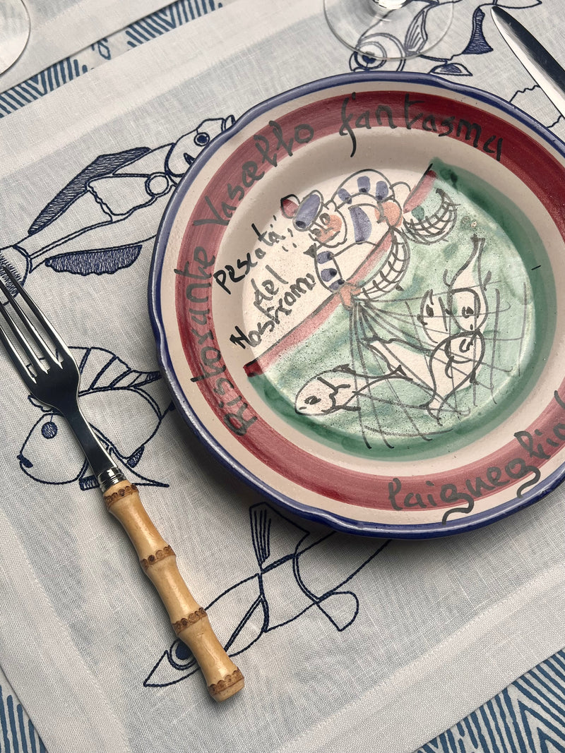 Fish Embroidery Napkin & Placemat (White & Navy)
