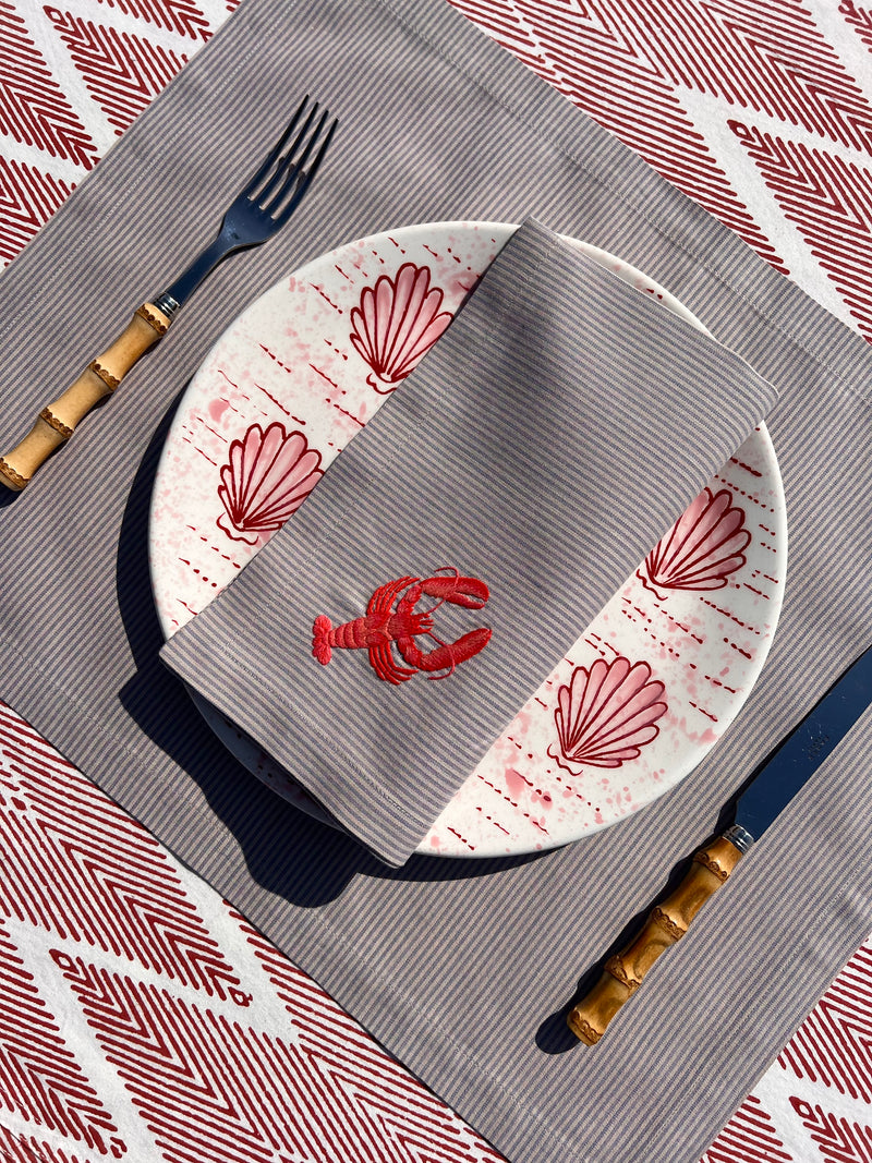 The ’Le Homard’ Napkin & Placemat Set  - Grey & Ecru Stripe