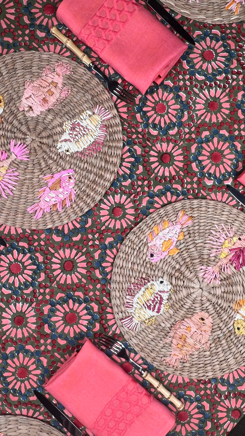 ‘The Kaleidoscope’ Tablecloth - Moss, Red, Pink, Blue