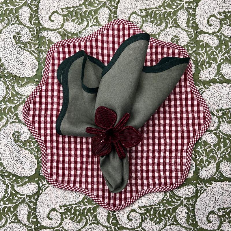 Table Set: Burgundy Gingham & Green Scalloped Table Setting