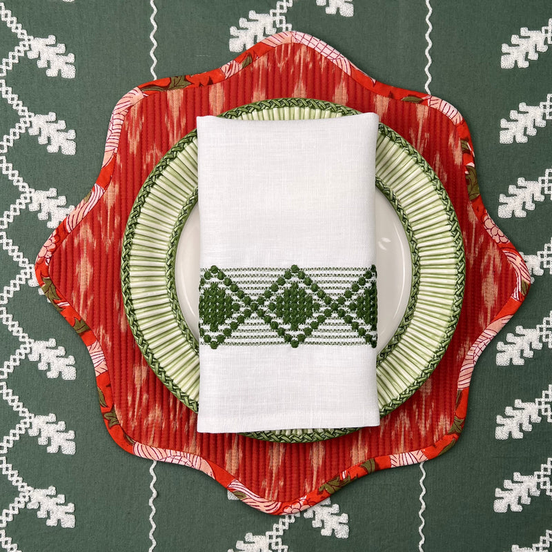 Table Set: Red Ikat Scallop & Green Diamond Napkin Table Setting