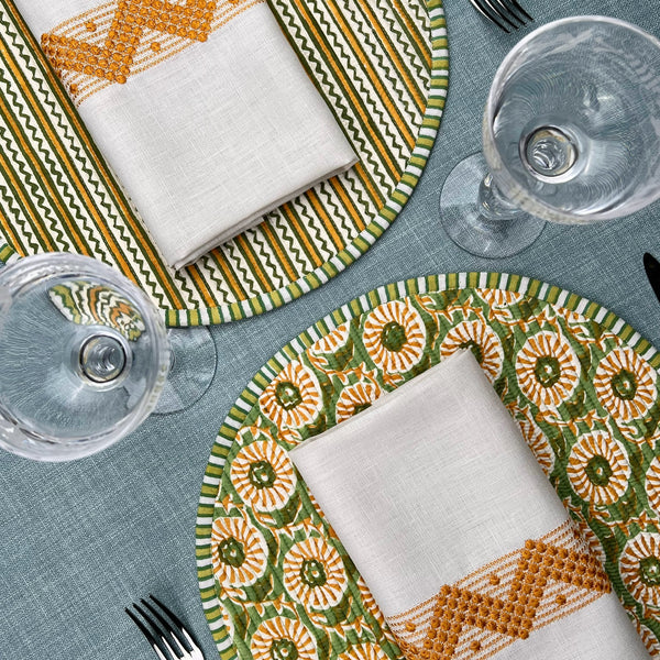 Gift Set: 4 round Breakfast placemats in mustards & greens