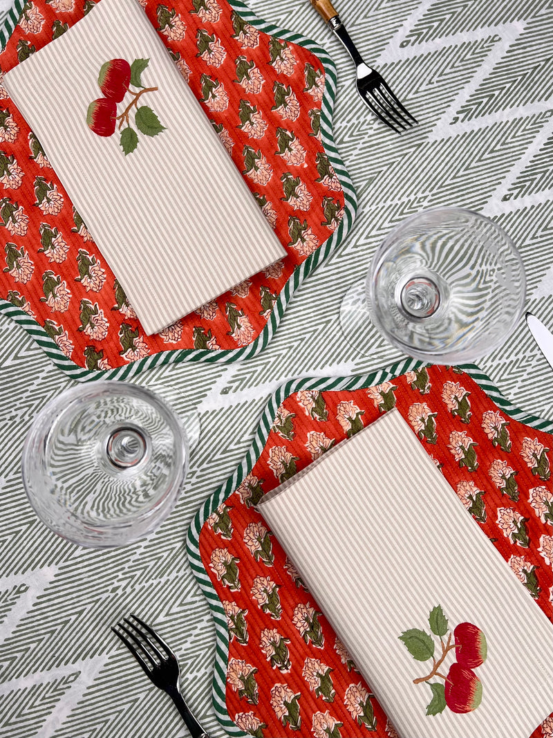 ’The Two Red Apples’ Napkin Only - Taupe & Ecru Stripe