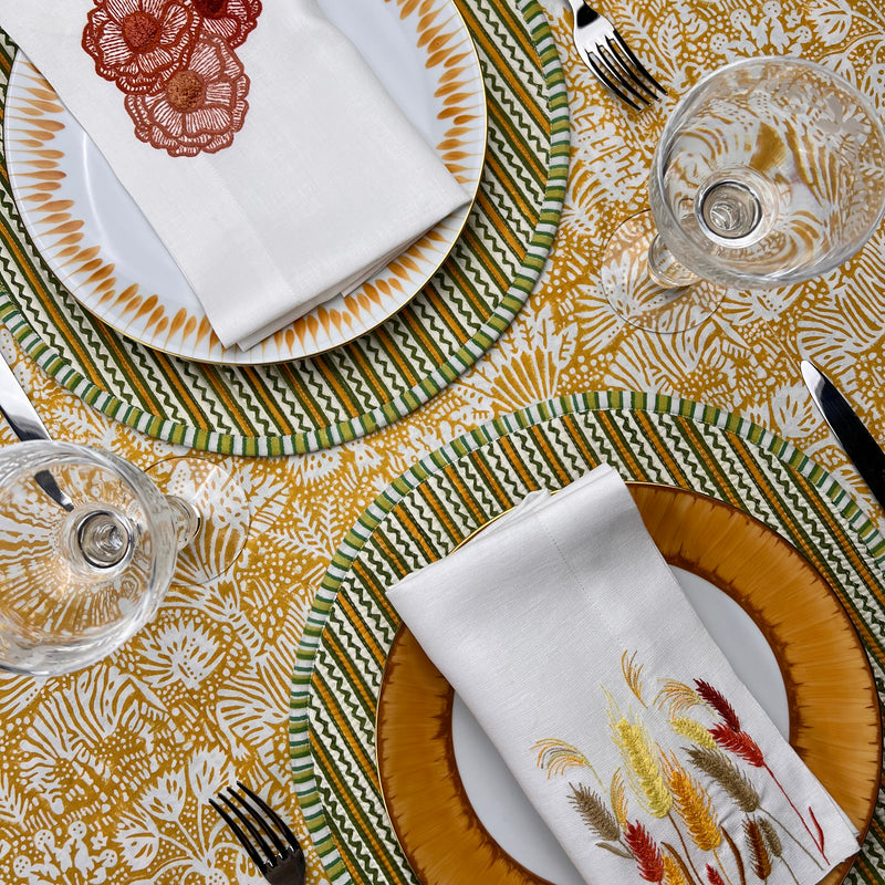 Gift Set: 4 round Breakfast placemats in mustards & greens