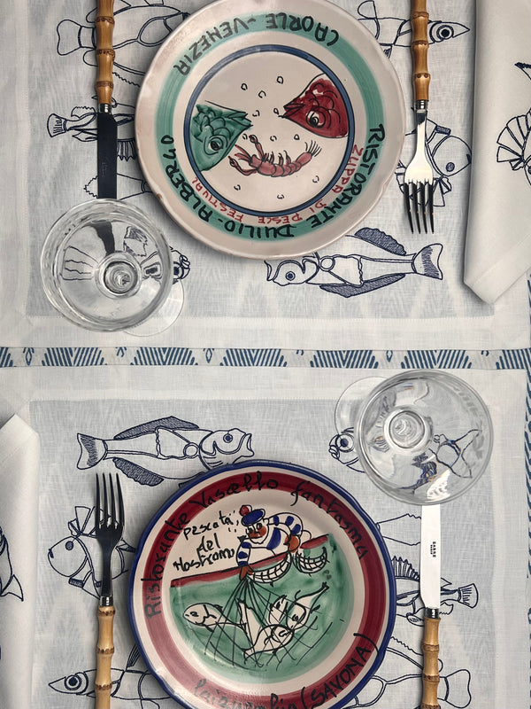 Fish Embroidery Napkin & Placemat (White & Navy)