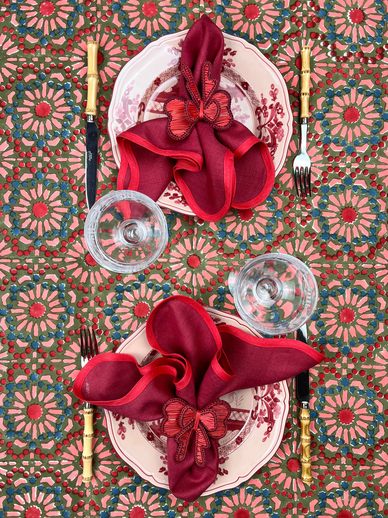 ‘The Kaleidoscope’ Tablecloth - Moss, Red, Pink, Blue