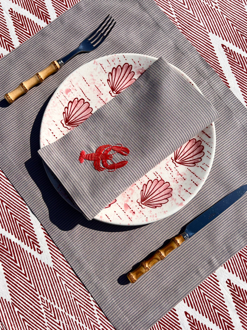 The ’Le Homard’ Napkin & Placemat Set  - Grey & Ecru Stripe