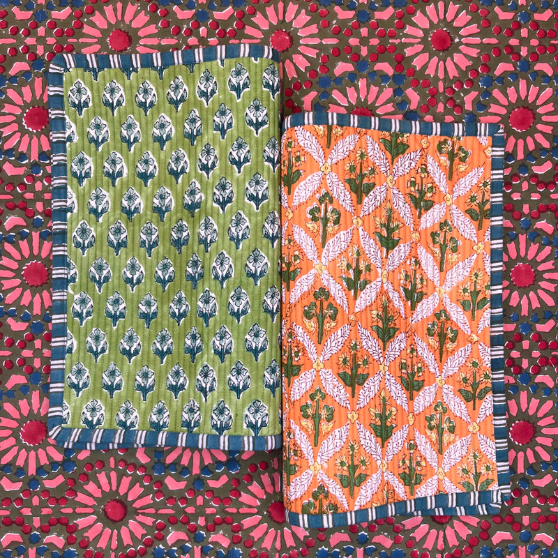 Gift Set: 4 x Green Orange Ivory & Teal Breakfast Placemats