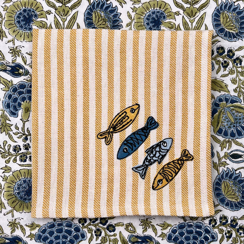 Gift Set: Four Fish Embroidery Napkins (yellow stripe)