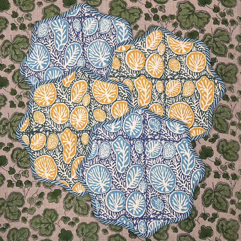 Gift Set: Blue, Green & Mustard Scalloped Placemats.