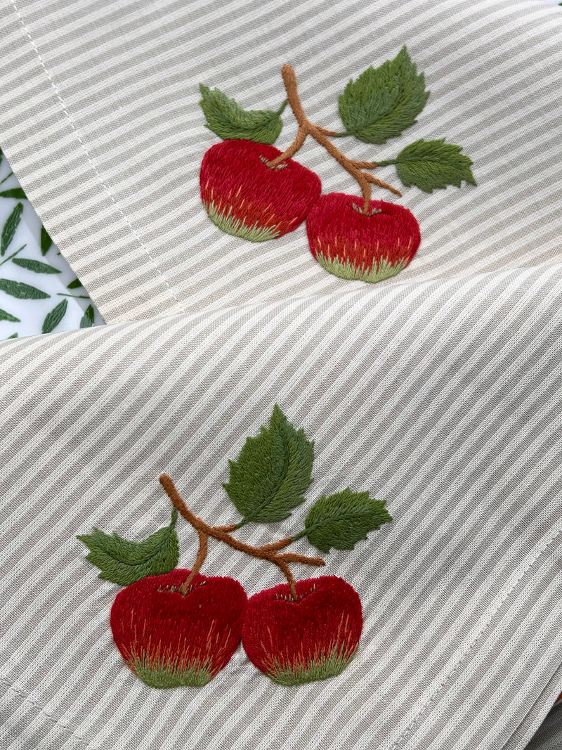 ’The Two Red Apples’ Napkin & Placemat - Taupe & Ecru Stripe