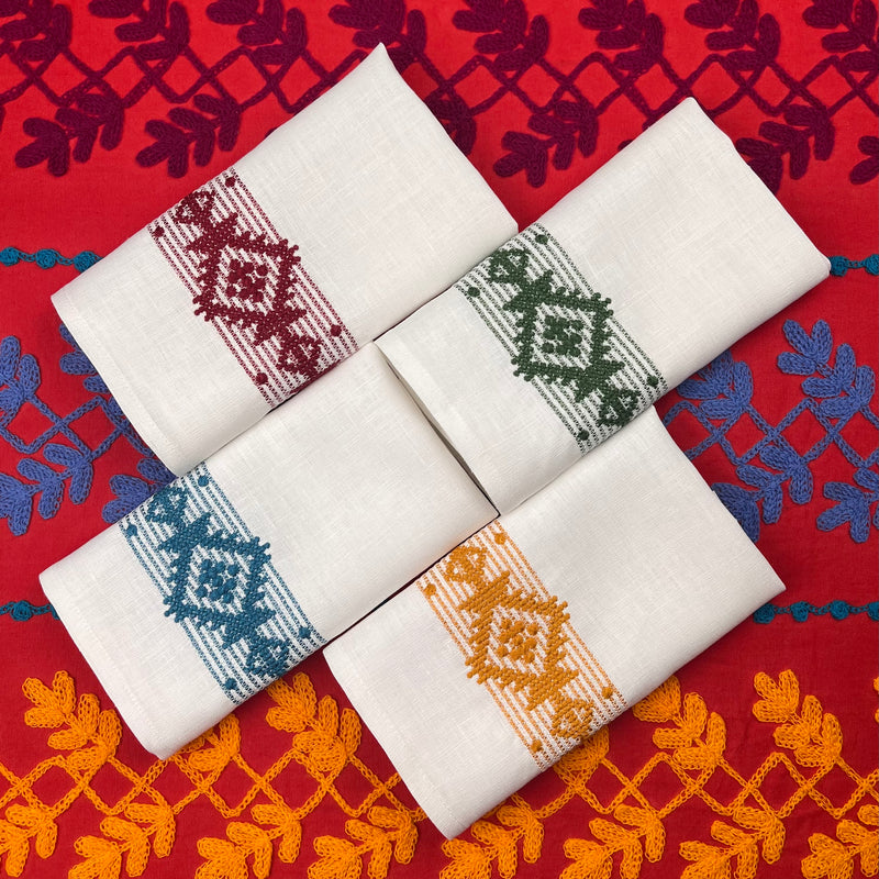 Gift Set: Set of 4 Folklore Napkins in White & Multicolour