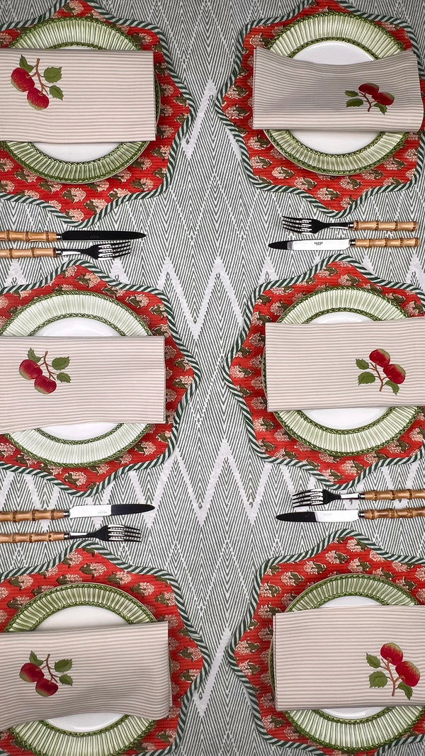 ’The Two Red Apples’ Napkin Only - Taupe & Ecru Stripe