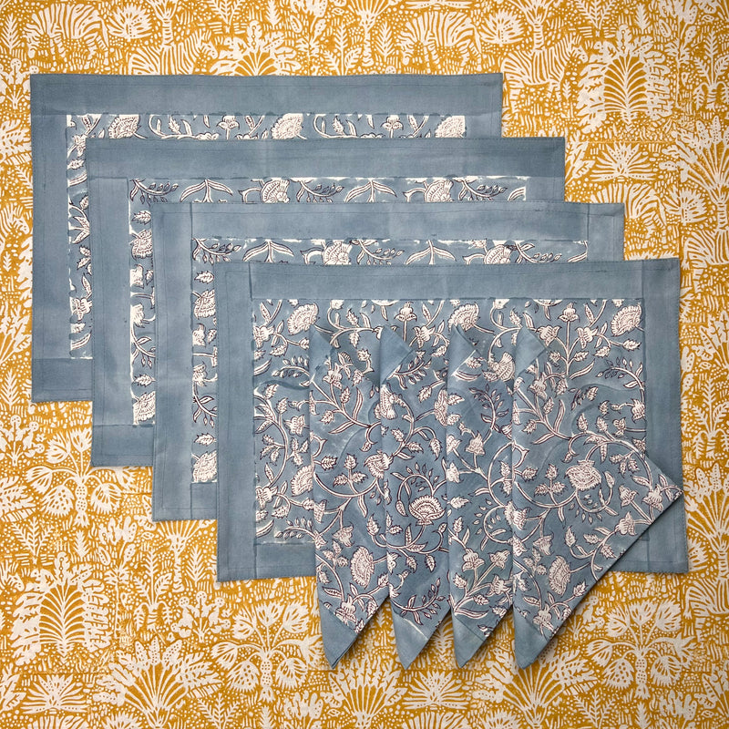 Gift Set: 4 Placemats & 4 Napkins Slate Blue Block Print