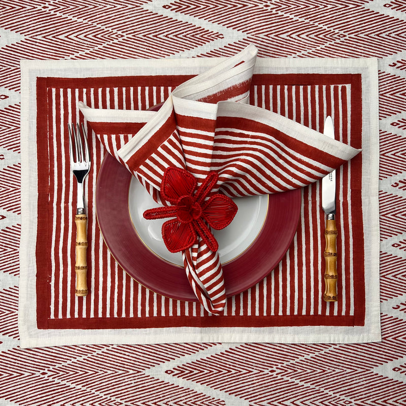 Table Set: Red Stripes Napkin & Placemat with Red orchid Napkinring Table Setting