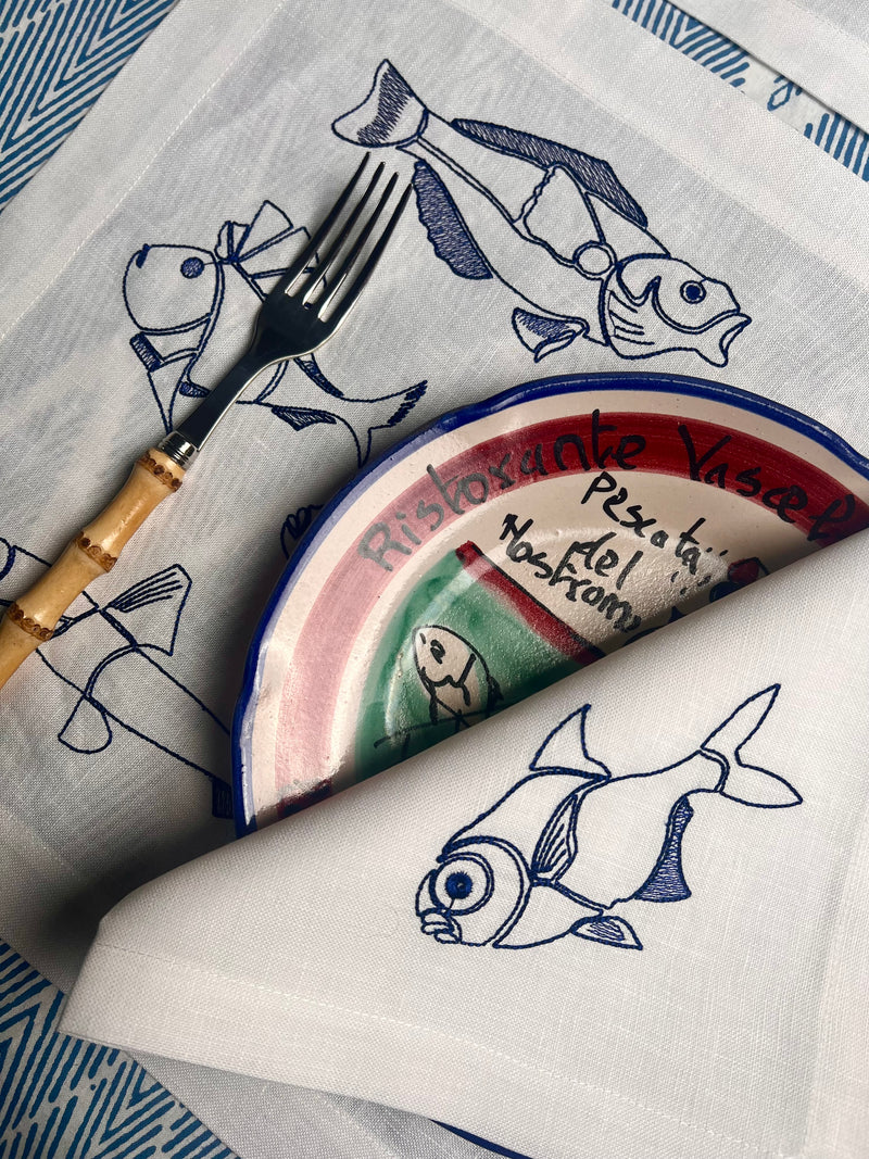 Fish Embroidery Napkin & Placemat (White & Navy)