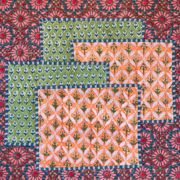 Gift Set: 4 x Green Orange Ivory & Teal Breakfast Placemats