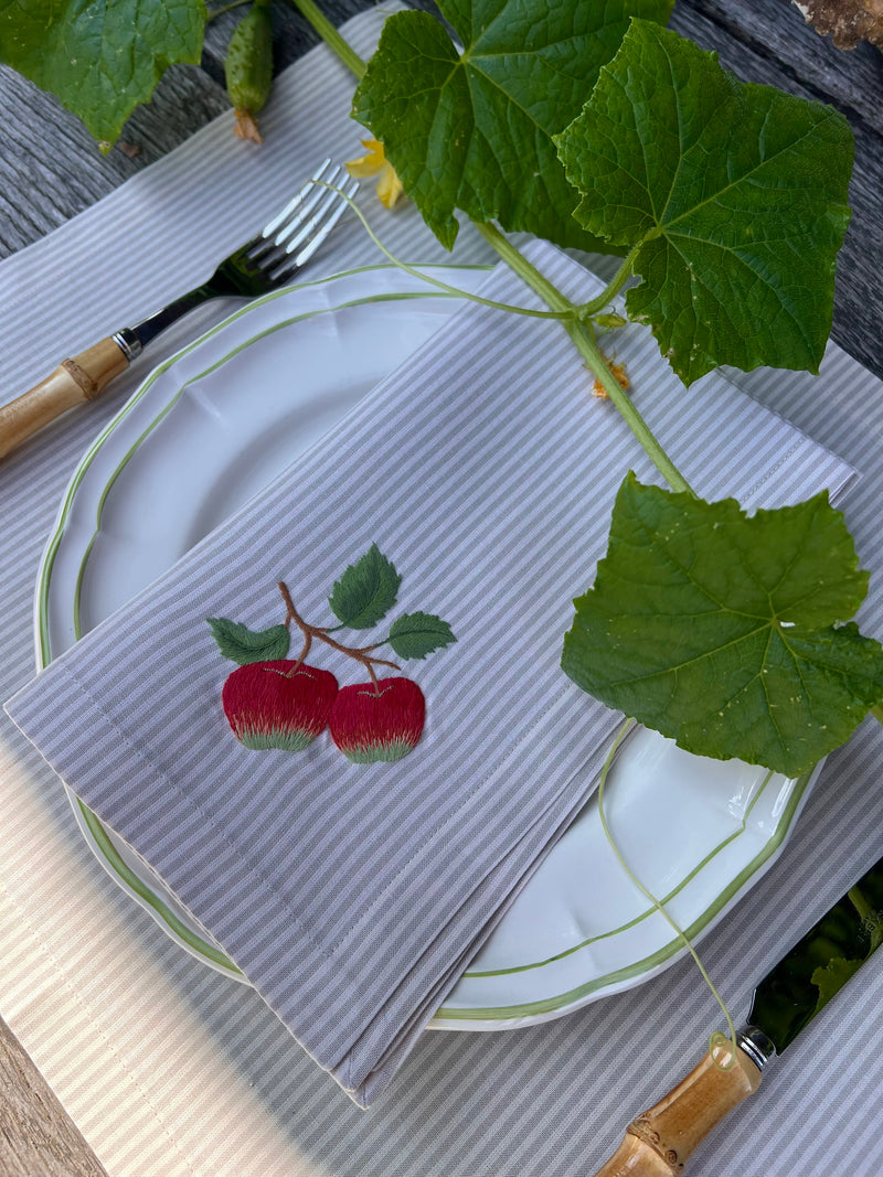 ’The Two Red Apples’ Napkin & Placemat - Taupe & Ecru Stripe