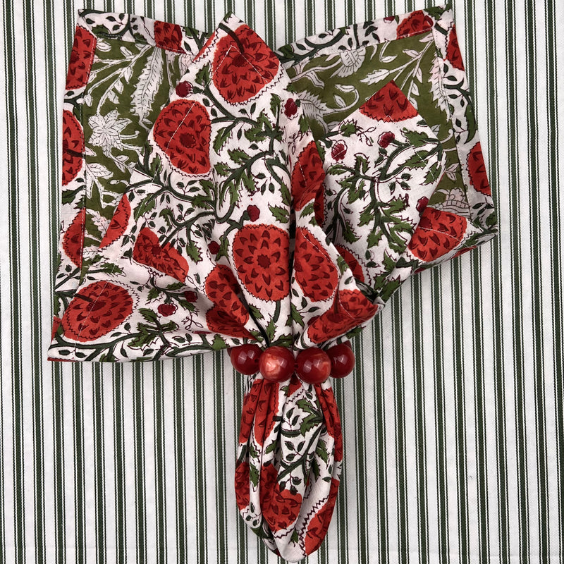 Reversible Napkin (Set of Four) Red Flowers/Green