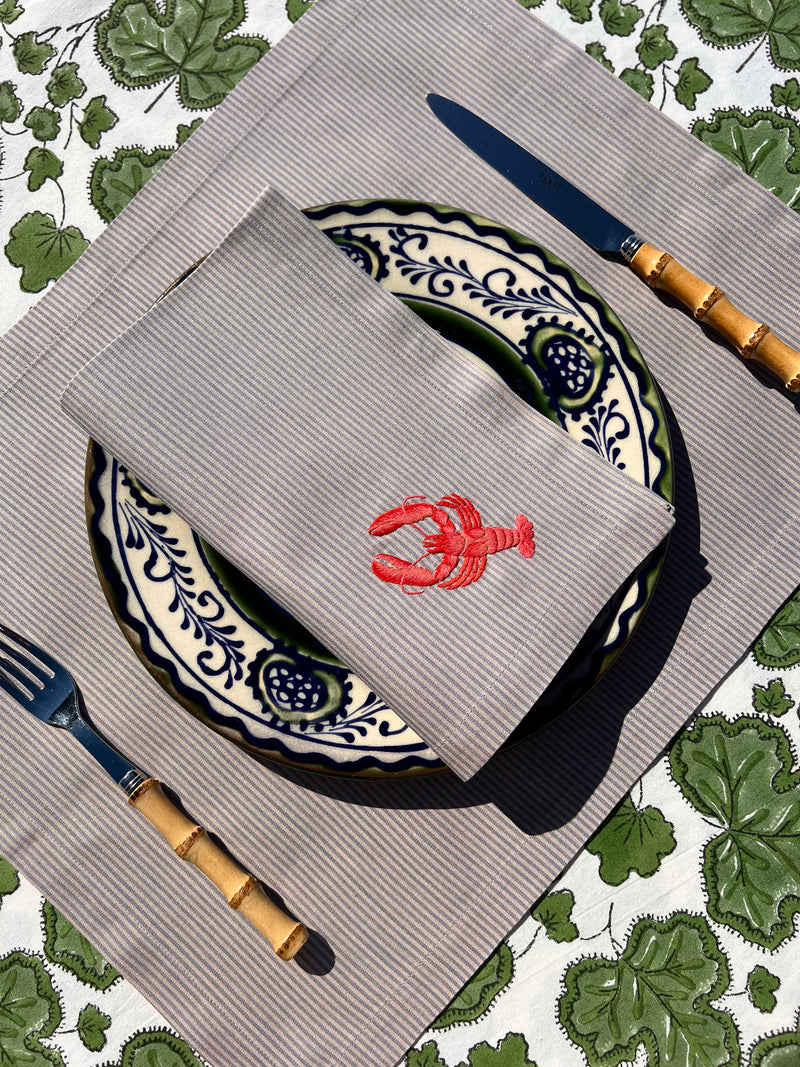The ’Le Homard’ Napkin & Placemat Set  - Grey & Ecru Stripe
