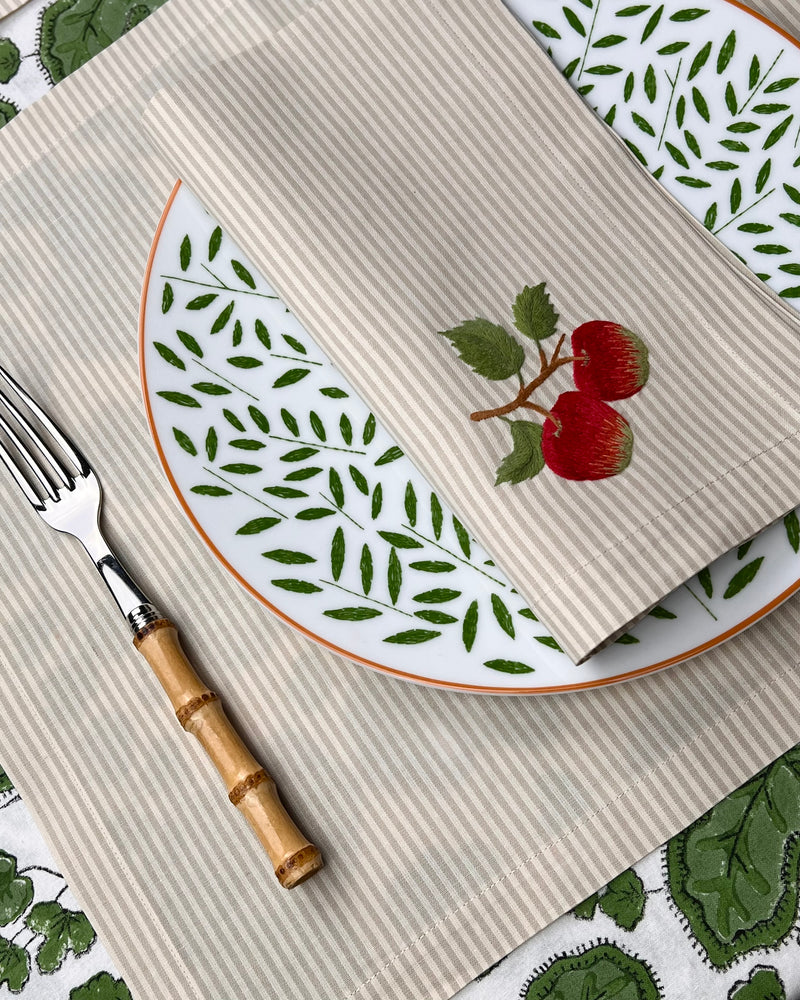 ’The Two Red Apples’ Napkin & Placemat - Taupe & Ecru Stripe