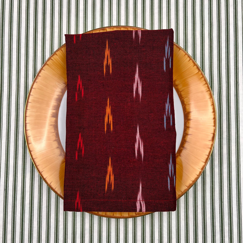 Reversible Napkin (Set of Four) Burgundy & Green Ikat