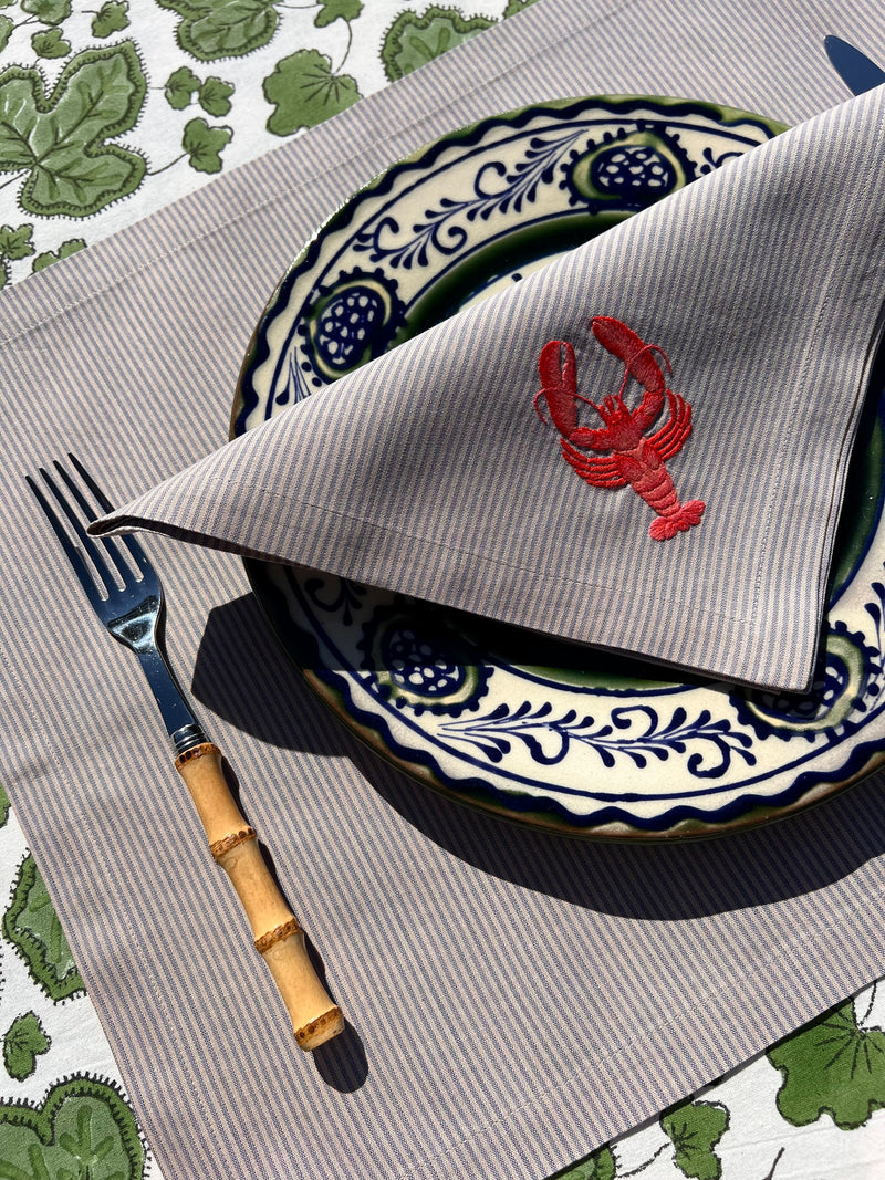 The ’Le Homard’ Napkin & Placemat Set  - Grey & Ecru Stripe