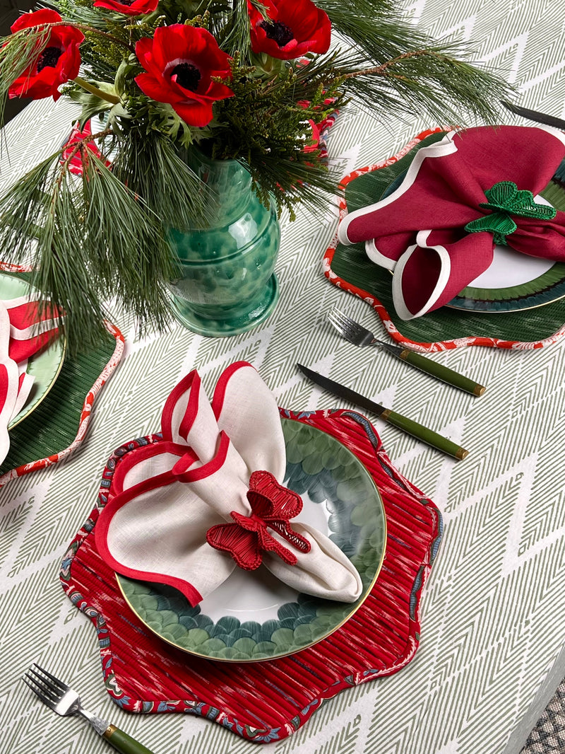 Table Set: Burgundy & Red Ikat Placemat & Scalloped Napkin with Bow