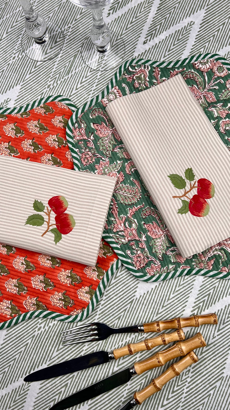 ’The Two Red Apples’ Napkin Only - Taupe & Ecru Stripe