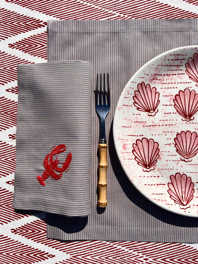The ’Le Homard’ Napkin & Placemat Set  - Grey & Ecru Stripe