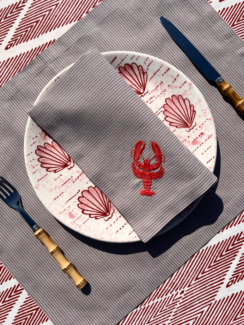 The ’Le Homard’ Napkin & Placemat Set  - Grey & Ecru Stripe