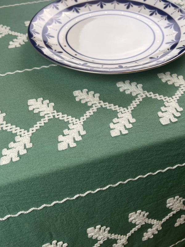 Suzani Vine Embroidery Tablecloth Sage & Ivory
