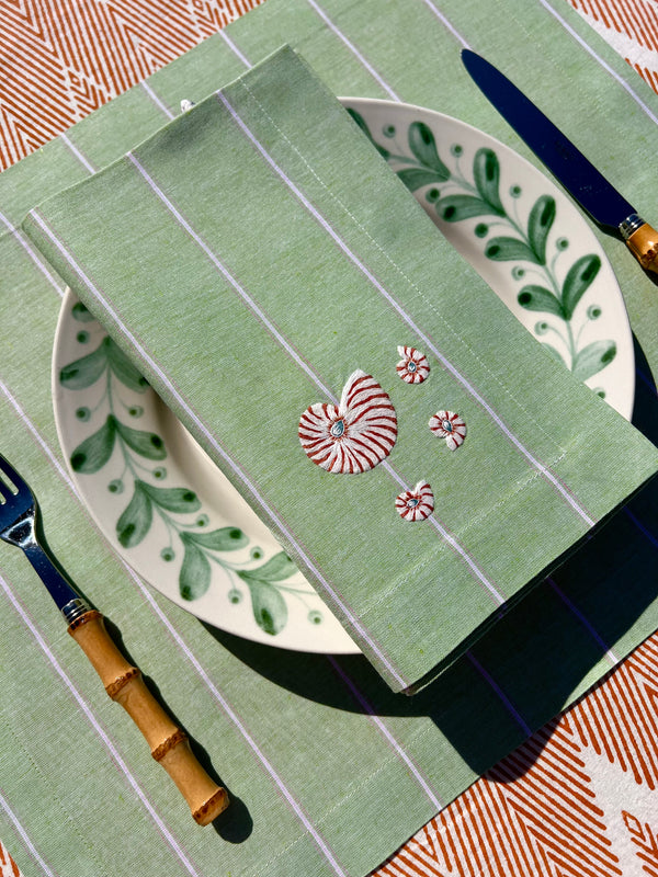 ’The Nautilus Shell’ Napkin & Placemat - Apple Green Stripe