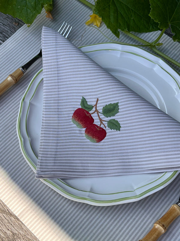 ’The Two Red Apples’ Napkin & Placemat - Taupe & Ecru Stripe