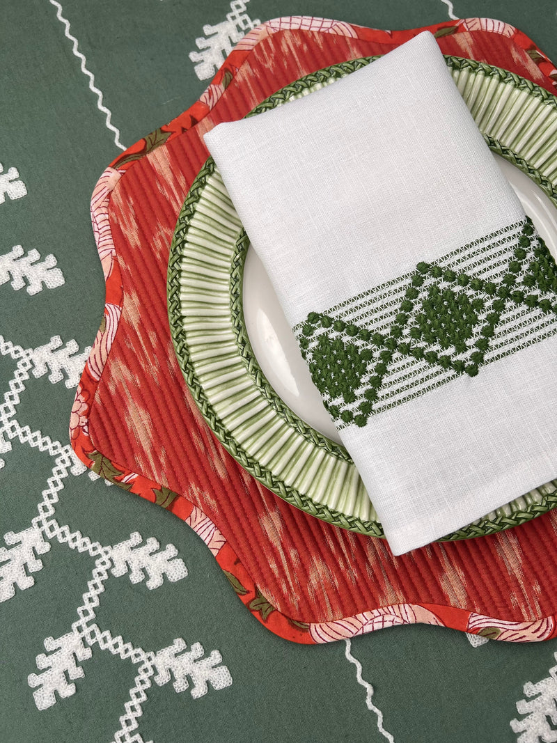 Table Set: Red Ikat Scallop & Green Diamond Napkin Table Setting