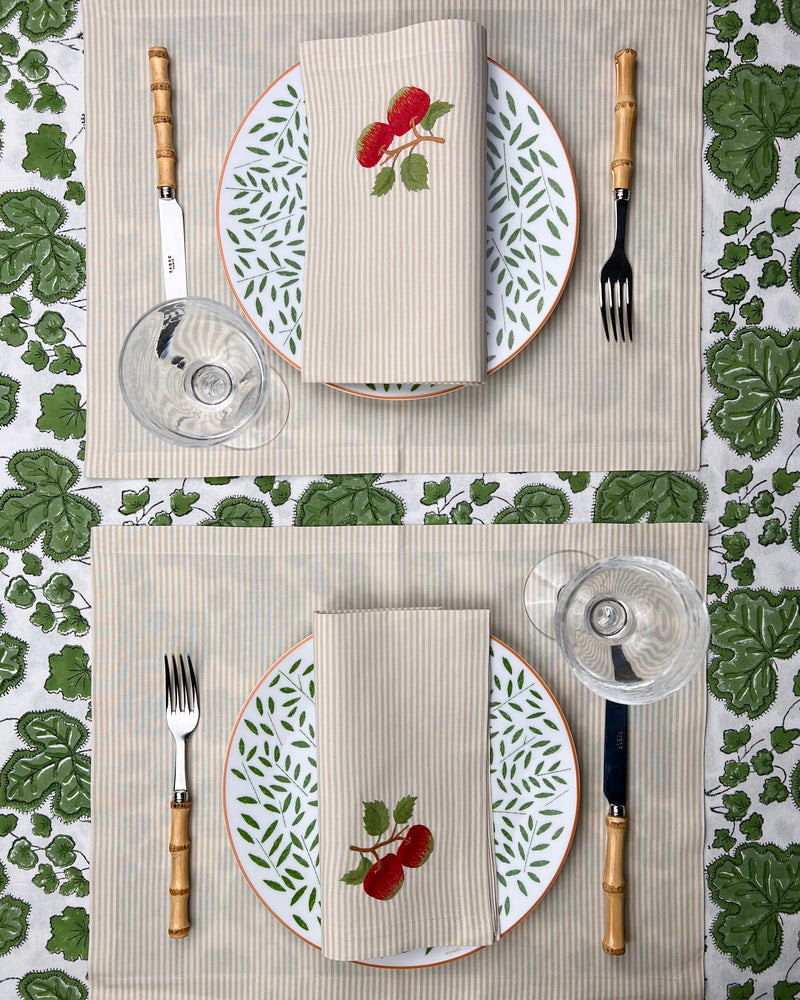 ’The Two Red Apples’ Napkin & Placemat - Taupe & Ecru Stripe