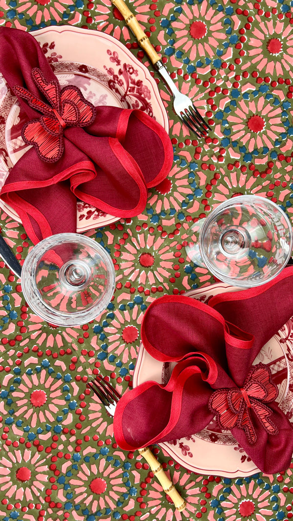 ‘The Kaleidoscope’ Tablecloth - Moss, Red, Pink, Blue