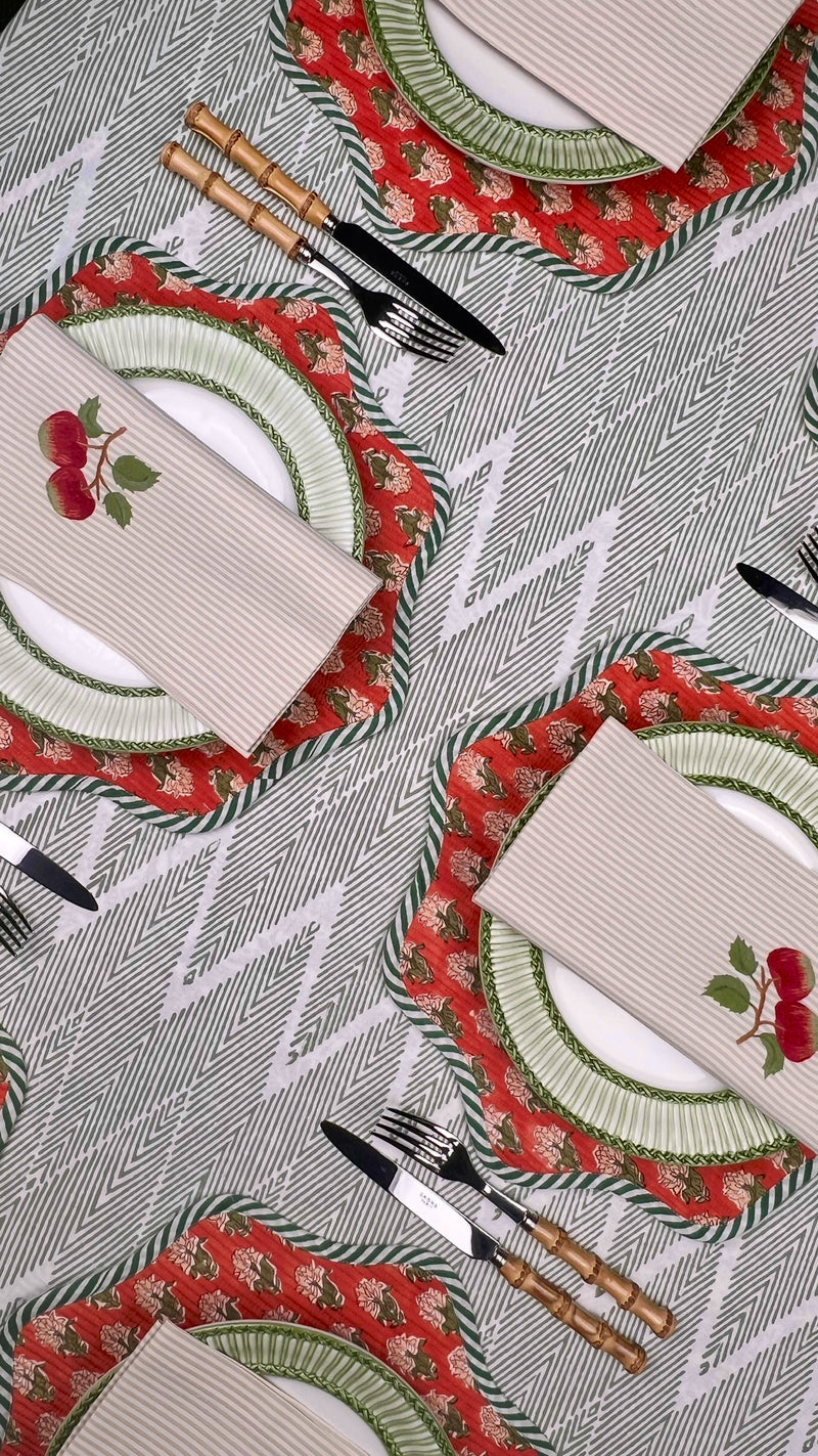 ’The Two Red Apples’ Napkin Only - Taupe & Ecru Stripe