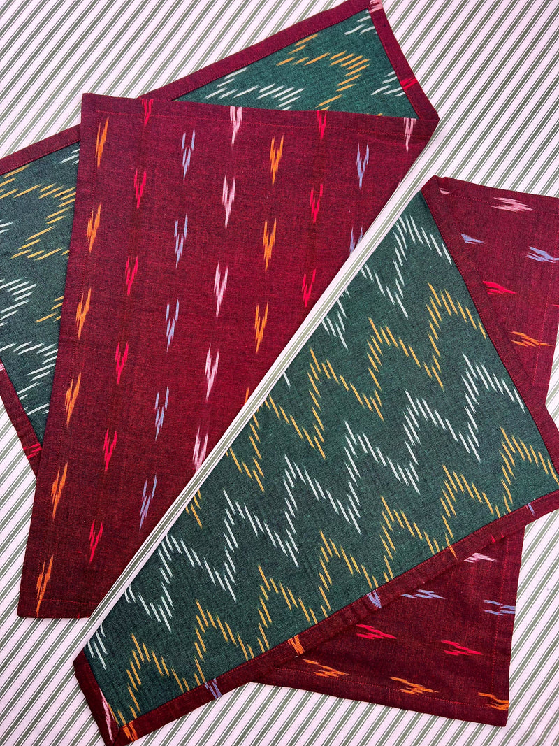 Reversible Napkin (Set of Four) Burgundy & Green Ikat