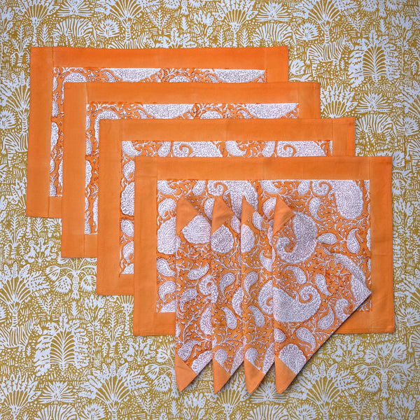 Gift Set: 4 Placemats & 4 Napkins Orange Block Print