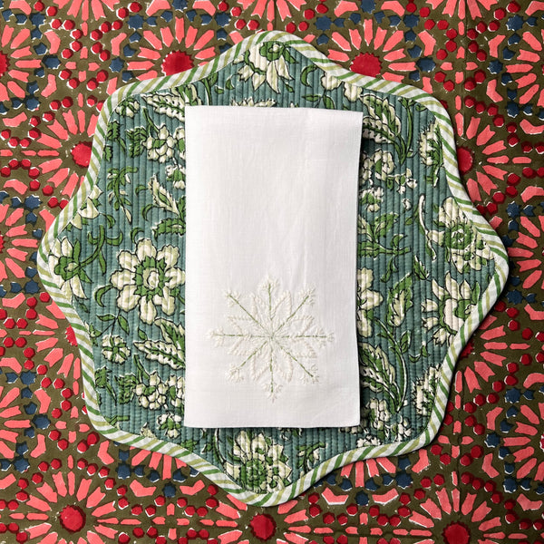 The Snowflake Napkin - Hand Embroidered - Green