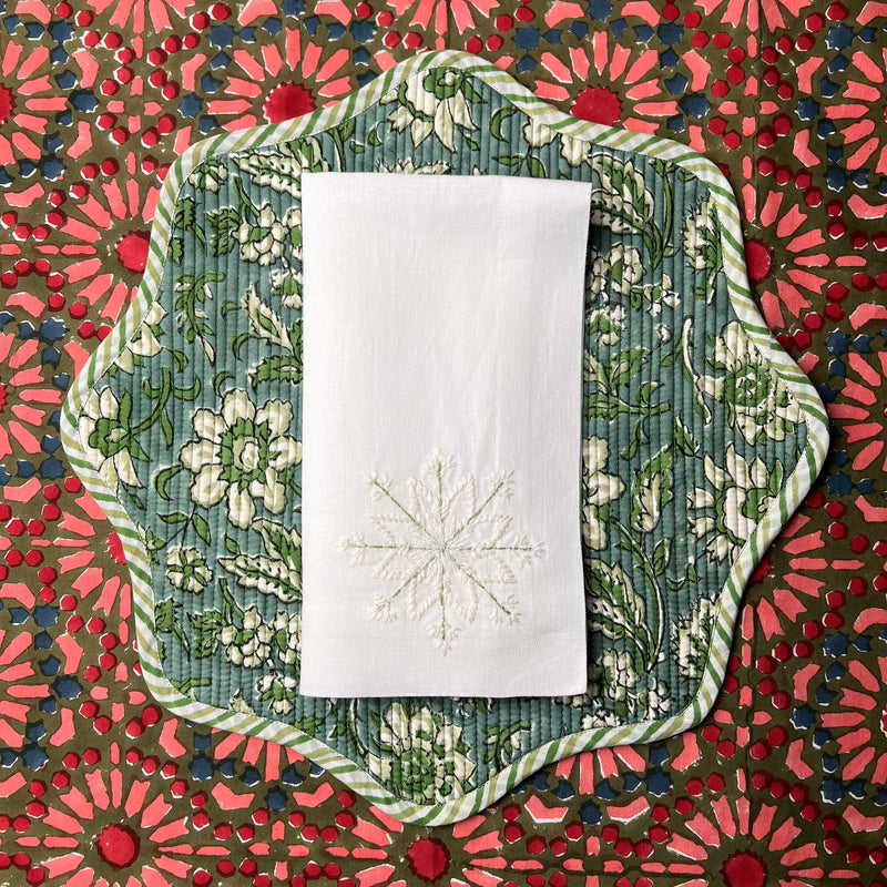 The Snowflake Napkin - Hand Embroidered - Green