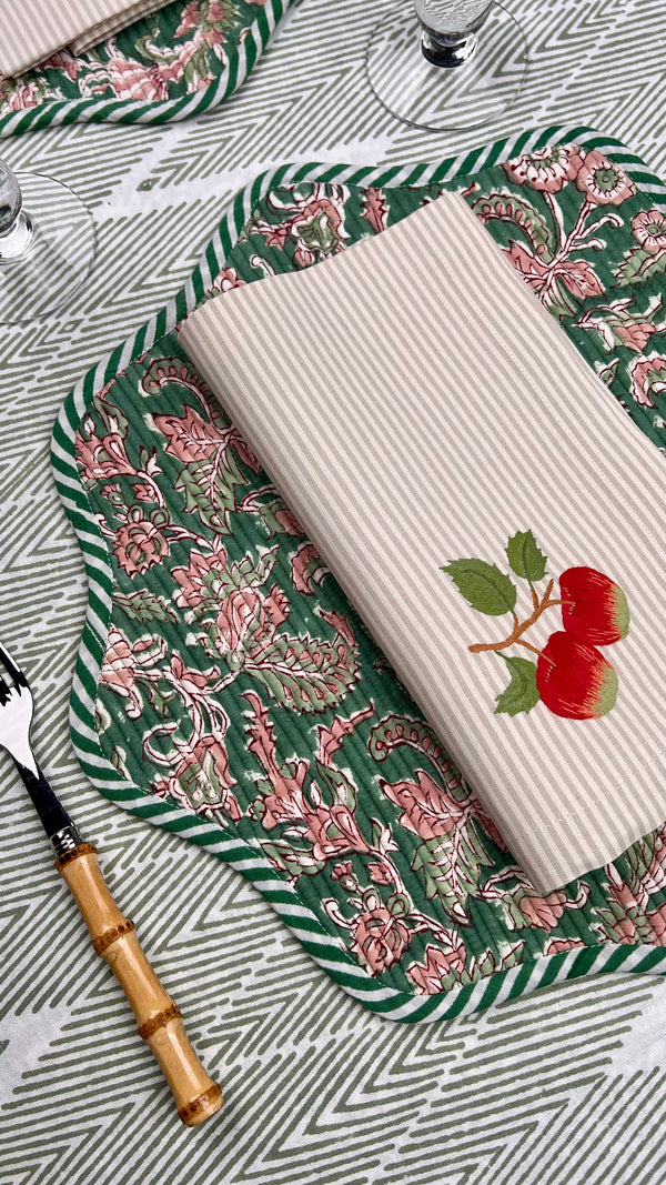 ’The Two Red Apples’ Napkin Only - Taupe & Ecru Stripe