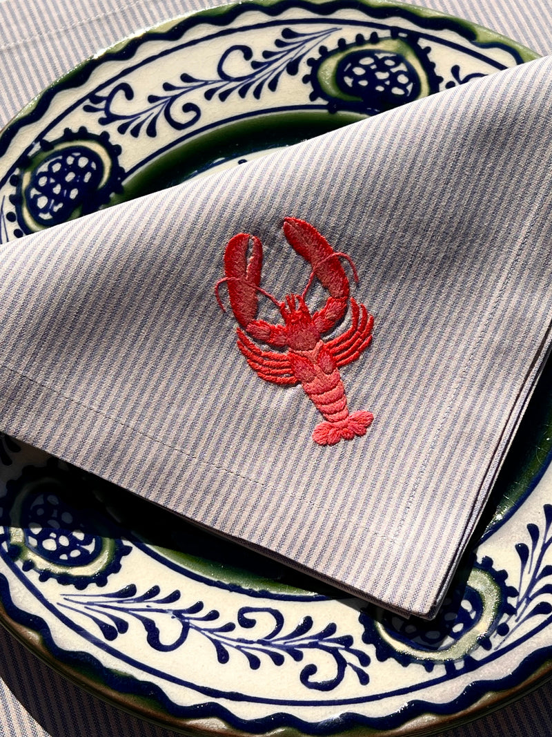 The ’Le Homard’ Napkin & Placemat Set  - Grey & Ecru Stripe